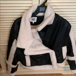 Black and White Teddy Jacket with Plush Texture and Asymmetrical Design